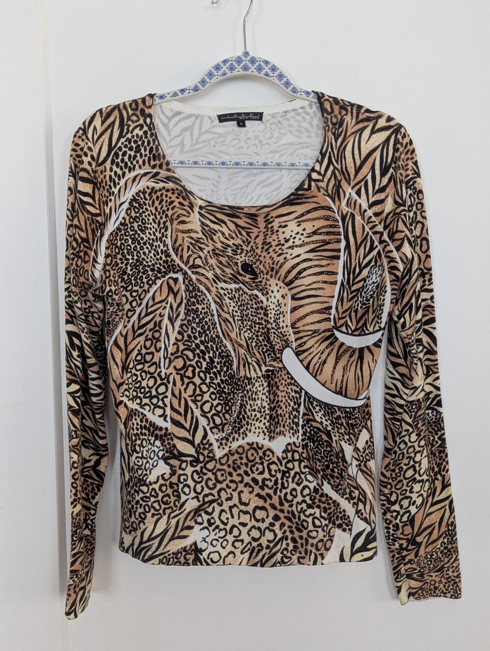 PIERRI New York Elephant Graphic Sweater Beaded Leopard Animal Print S